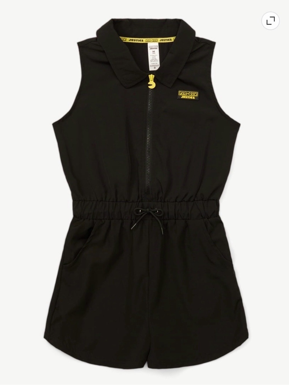 Justice Black Pac-Man Zip-Front Romper with Drawstring Waist size small (7/8)